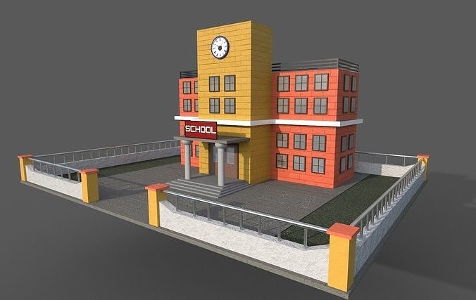 School building with clock Low-poly 3D model