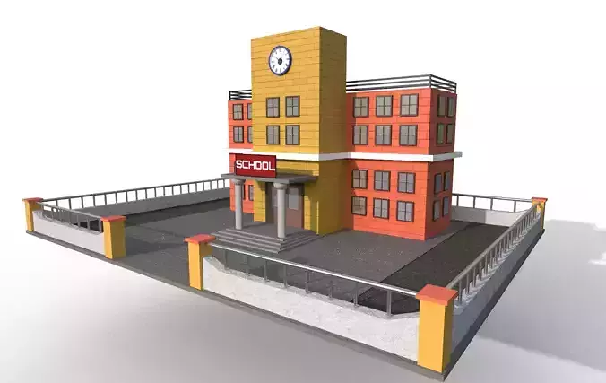 School building with clock Low-poly 3D model