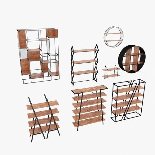 Collection of shelfs in LOFT style Low-poly 3D model