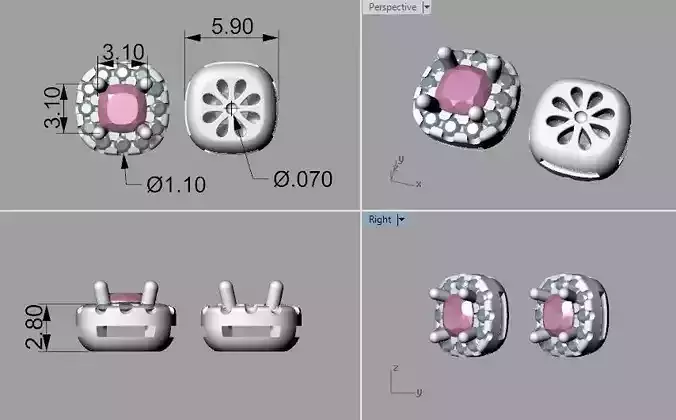 3 mm Cushion Cut Earrrings 3D Print Model 