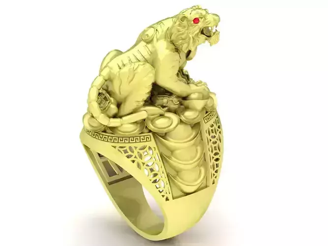 Lucky Tiger keep Chinese Gold bar and Coins men ring 3854 3D print model