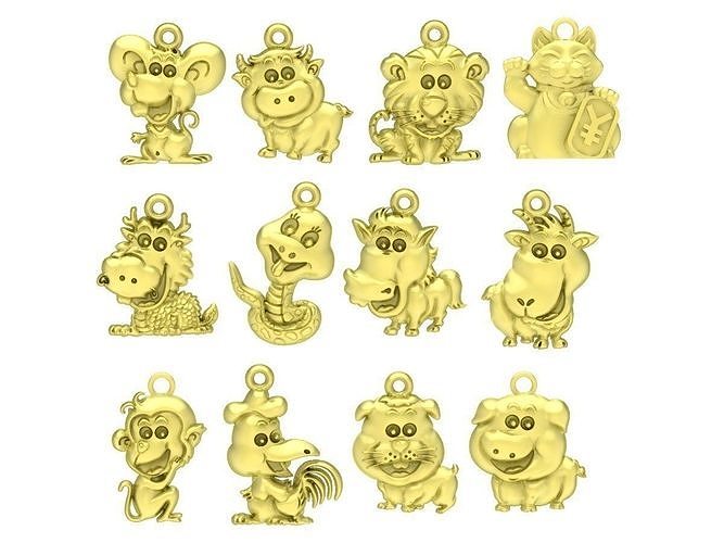 Set Zodiac 12 lucky animal pendant 3855 3D print model