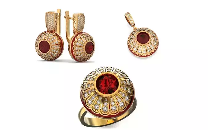heavy set earrings ring and pendant with enamel and round stones 3D Model Collection