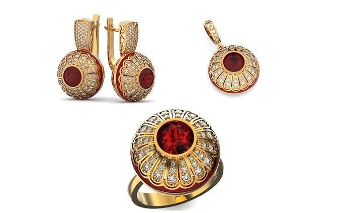 heavy set earrings ring and pendant with enamel and round stones 3D Model Collection
