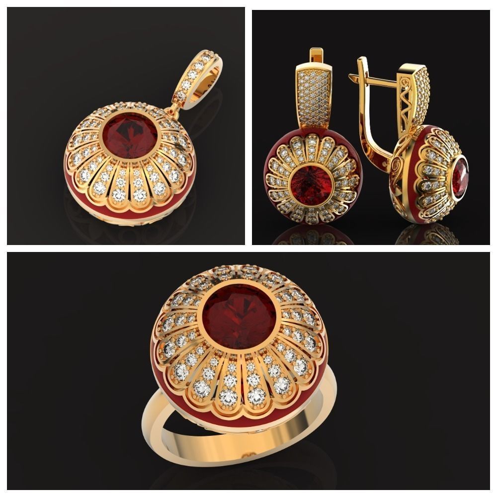 heavy set earrings ring and pendant with enamel and round stones 3D Model Collection_3