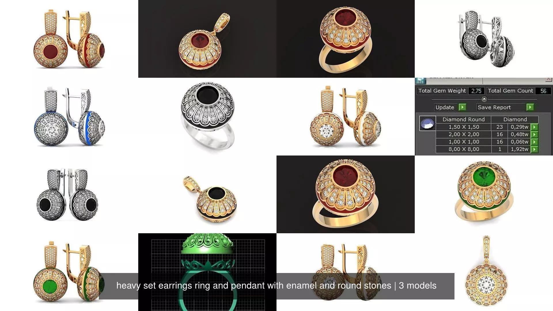 heavy set earrings ring and pendant with enamel and round stones 3D Model Collection_1