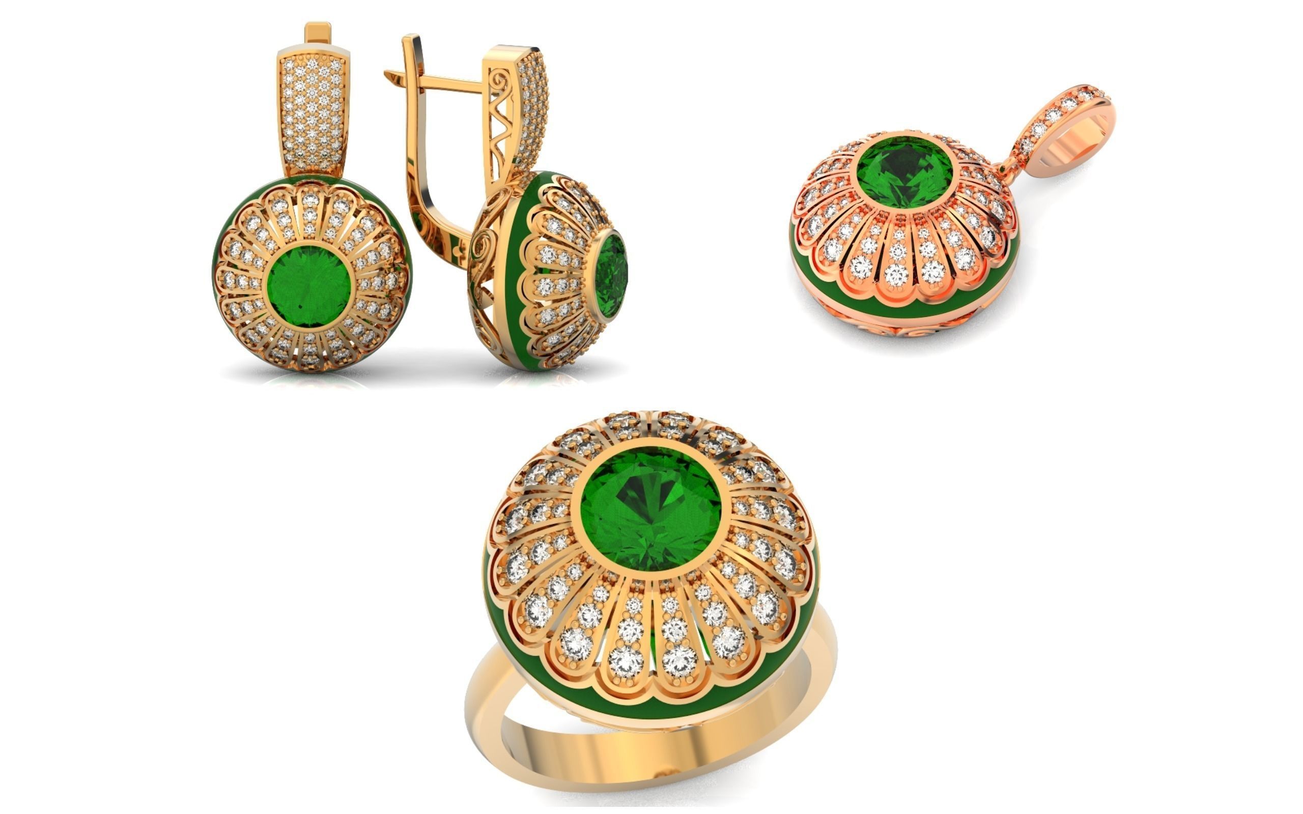 heavy set earrings ring and pendant with enamel and round stones 3D Model Collection_2