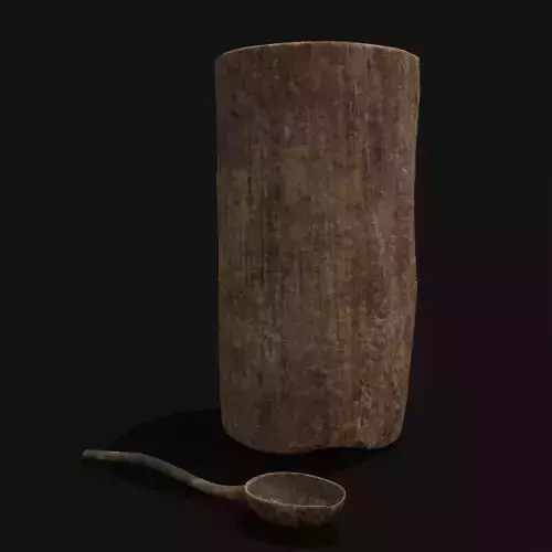 Rustic Wooden Cylinder Bucket and Spoon Low-poly 3D model