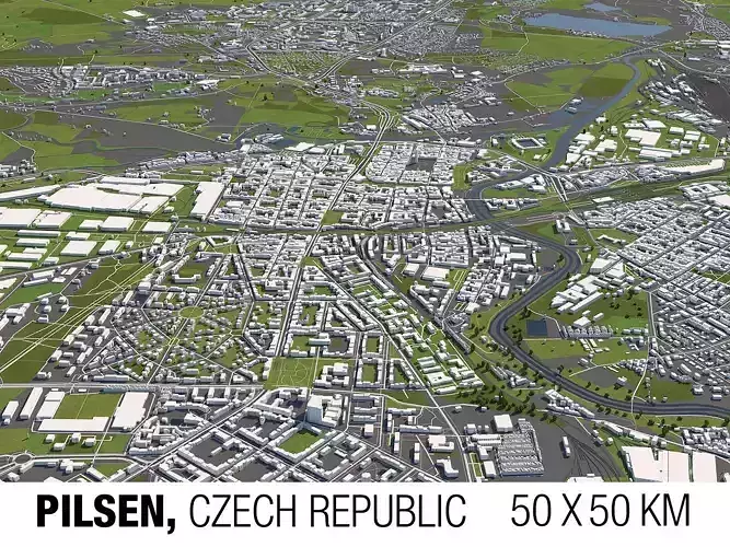 Pilsen Czech Republic 50x50km 3D City Map