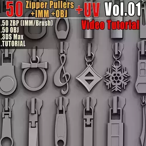50 Zipper Pullers IMM OBJ FBX UV Video Tutorial Vol01