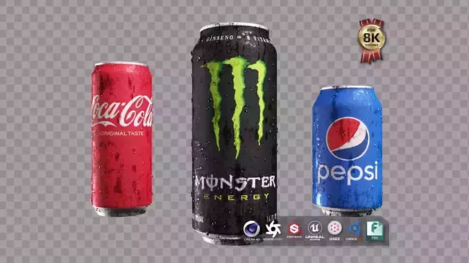 Soda Cans of Monster Coke and Pepsi Low-poly 3D model