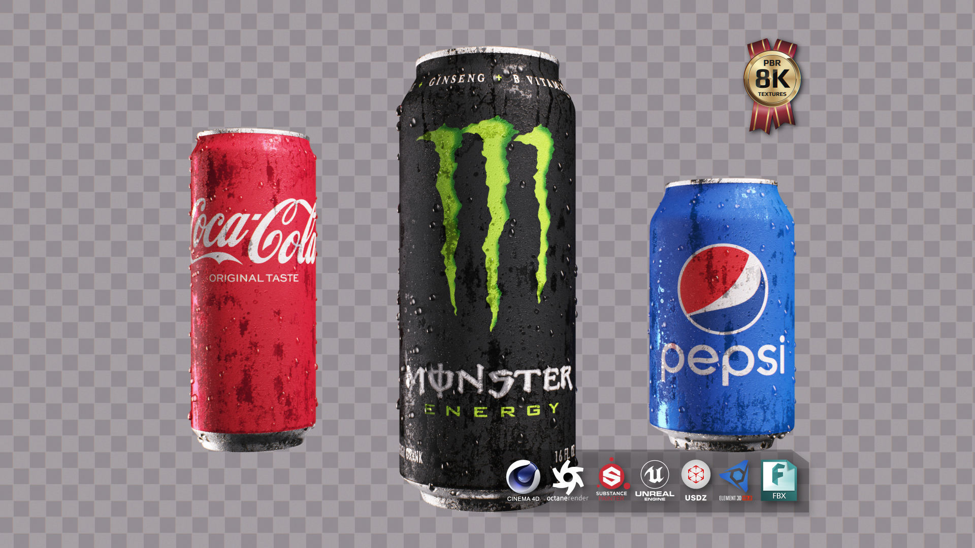 Soda Cans of Monster Coke and Pepsi Low-poly 3D model_0