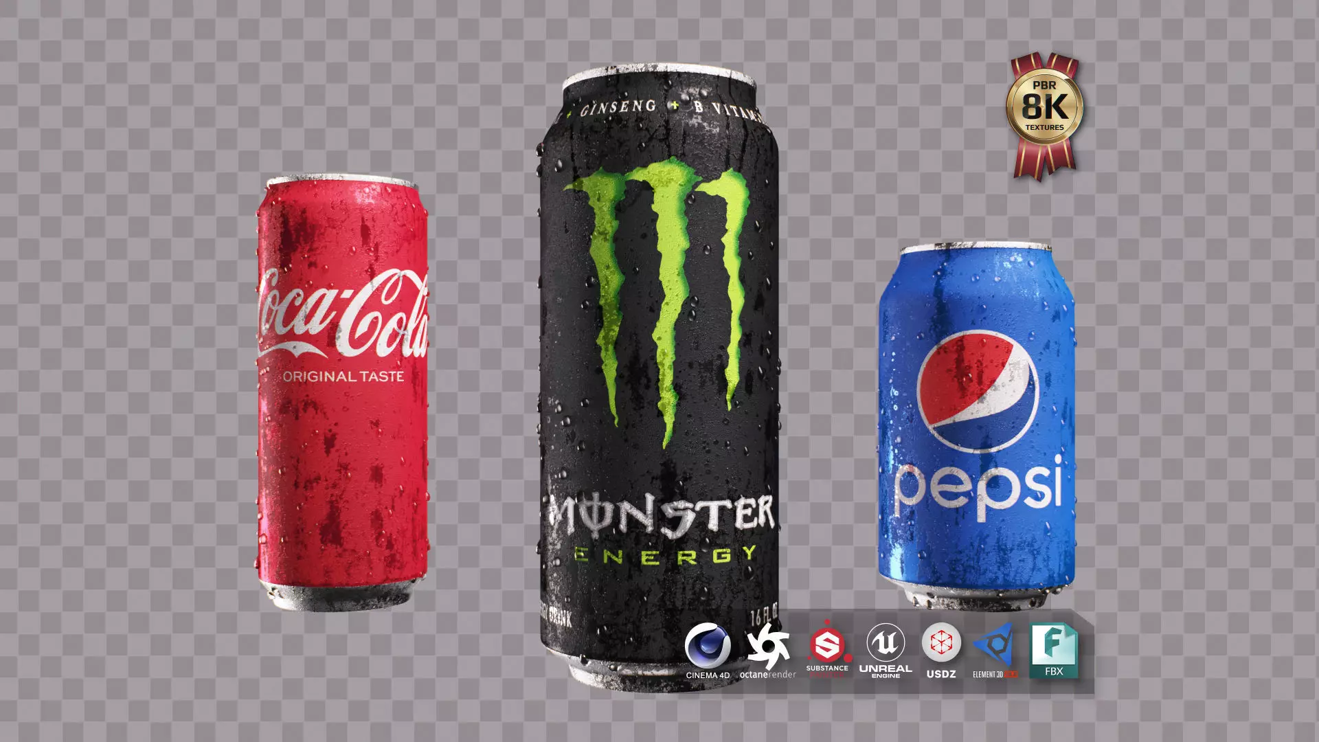 Soda Cans of Monster Coke and Pepsi Low-poly 3D model_0