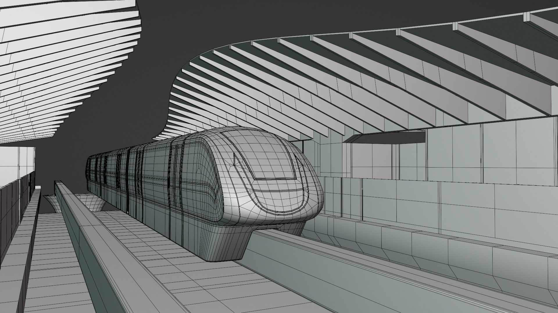 Monorail station with train 3D model_1