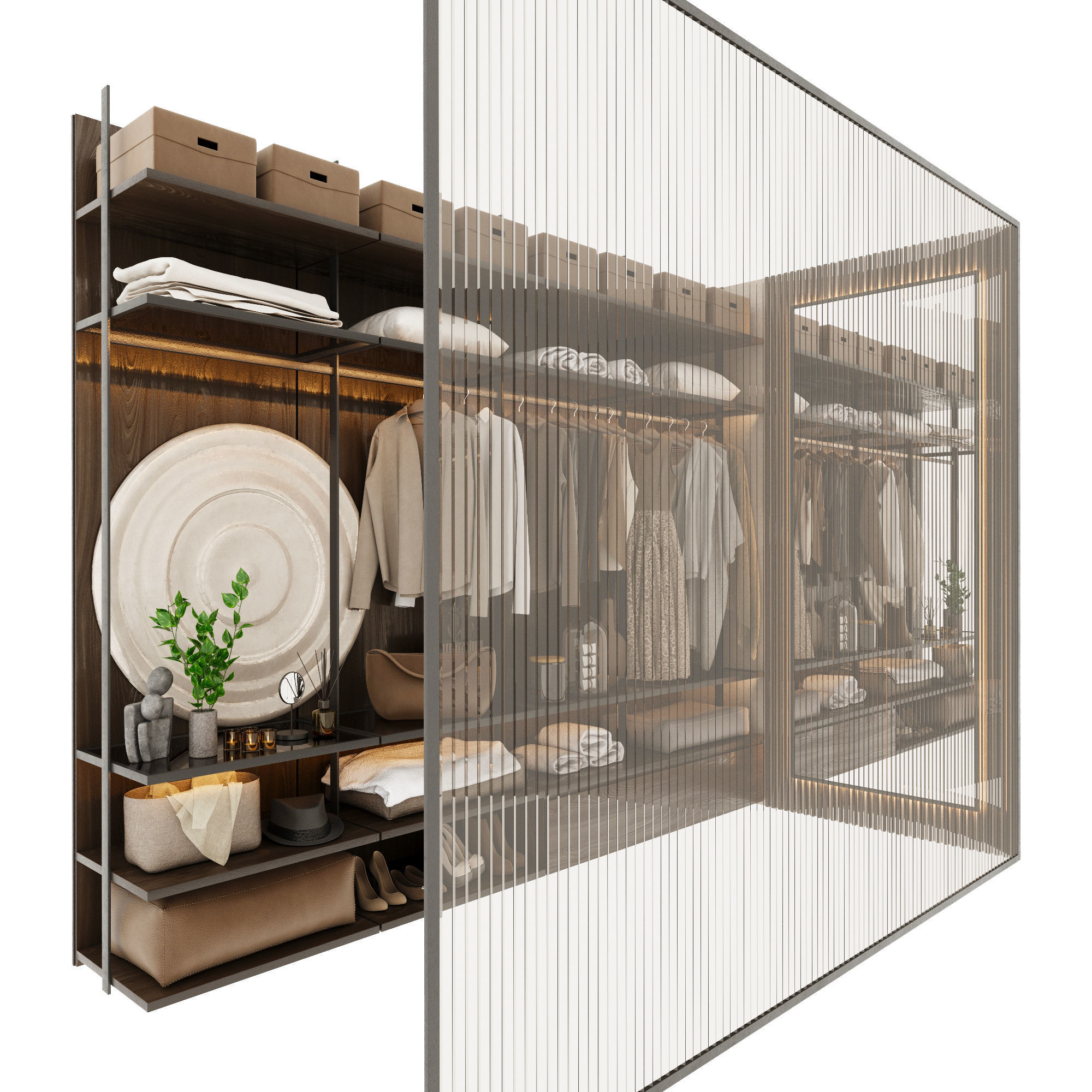 Wardrobe closet with clothes hanging in it 3D model_5