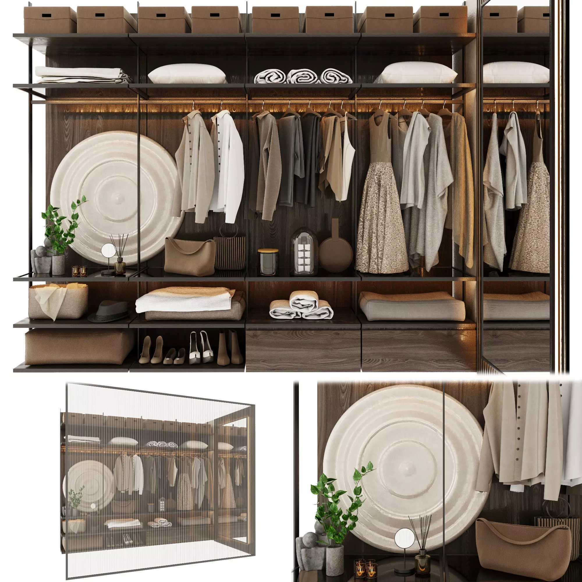 Wardrobe closet with clothes hanging in it 3D model_0