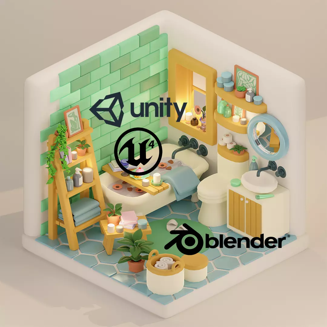 Isometric Cozy Stylized Bathroom Design for Unity Low-poly Game Low-poly 3D model