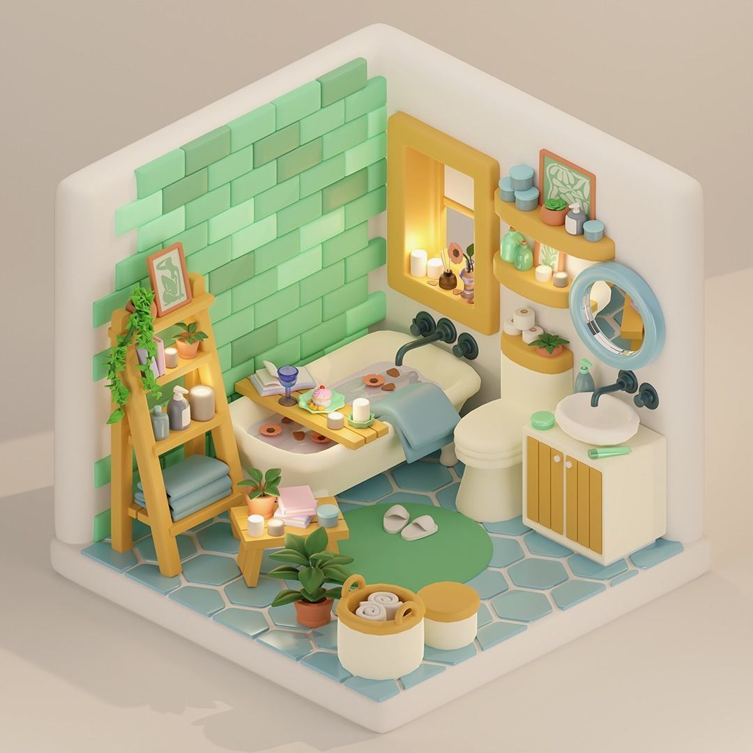 Isometric Bathroom Design for Unity Low-poly Game ready Low-poly 3D model_1
