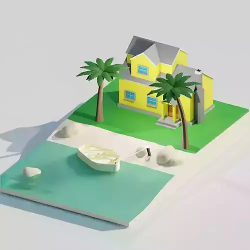 Low poly model house on island with palm trees and boat 3D model