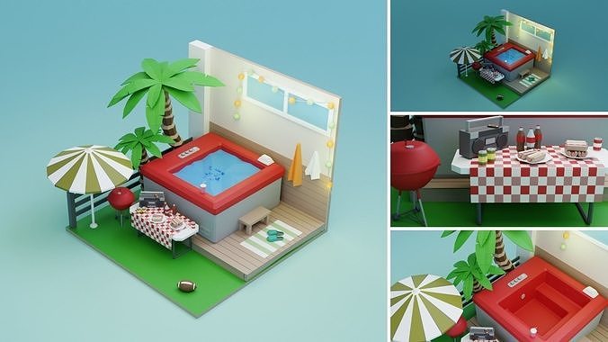 Low Poly Retro Vintage Rooms Interiors Low-poly 3D model 6