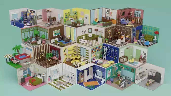 Low Poly Retro Vintage Rooms Interiors Low-poly 3D model 2
