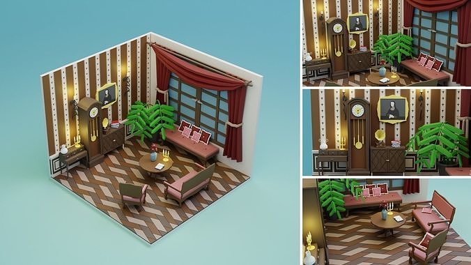 Low Poly Retro Vintage Rooms Interiors Low-poly 3D model 5