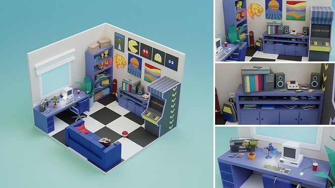 Low Poly Retro Vintage Rooms Interiors Low-poly 3D model 3
