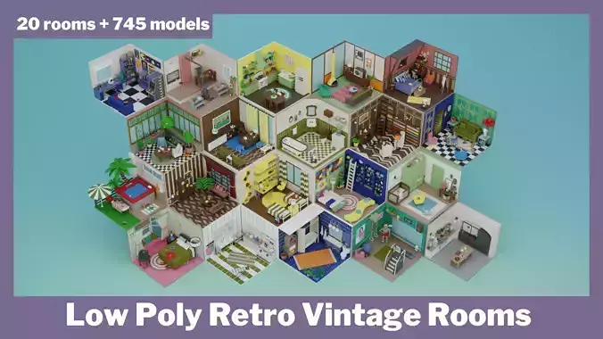 Low Poly Retro Vintage Rooms Interiors Low-poly 3D model