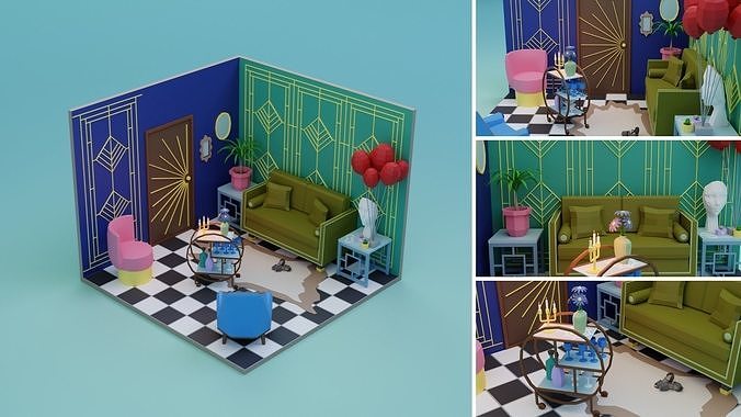 Low Poly Retro Vintage Rooms Interiors Low-poly 3D model 4