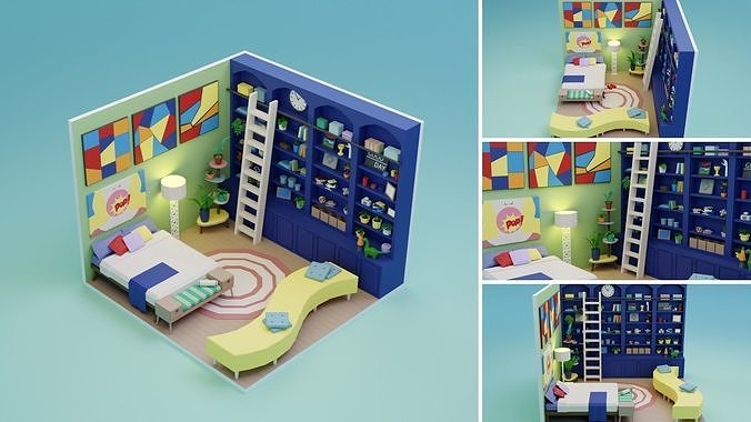 Low Poly Retro Vintage Rooms Interiors Low-poly 3D model 7