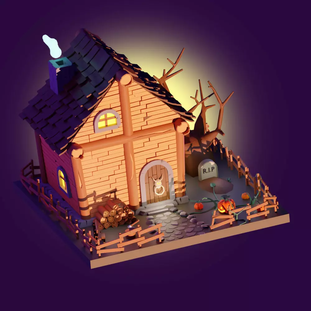 Scary low poly halloween house Low-poly 3D model_0