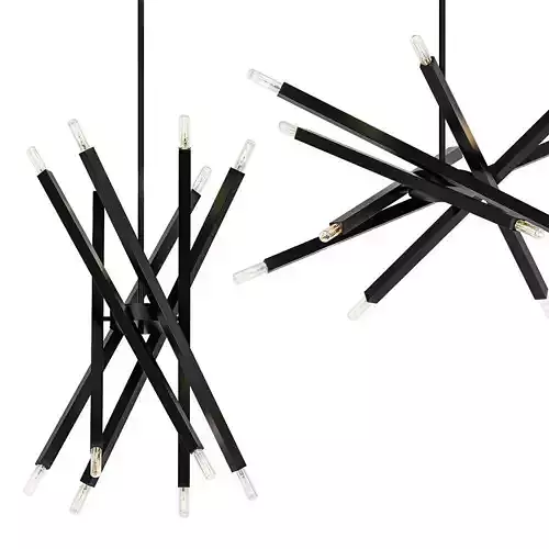 Viper modern pendant light with six metal rods hanging from ceiling