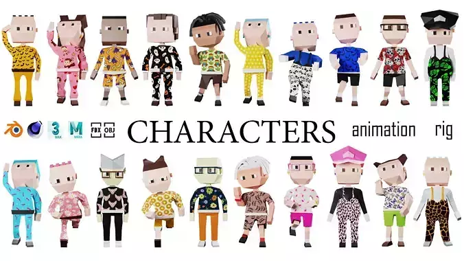 Low poly characters 02 pack 3d model Low-poly 3D model