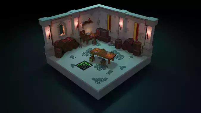 Low poly Dungeon room with furniture and lights Low-poly 3D model