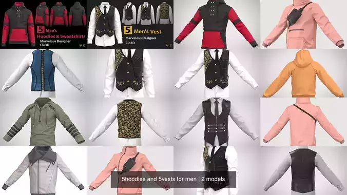 5hoodies and 5vests for men 3D Model Collection