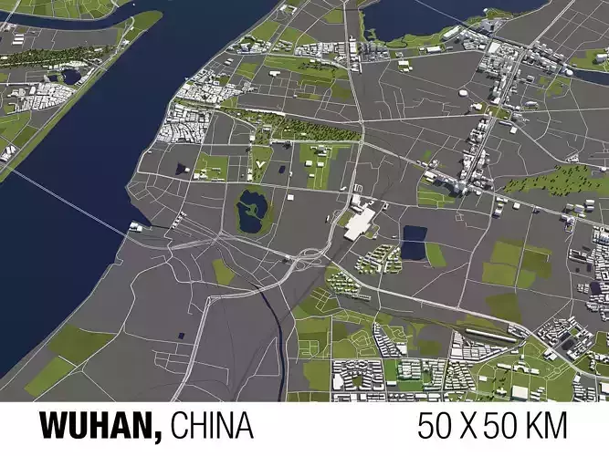 Wuhan China 50x50km 3D City Map 