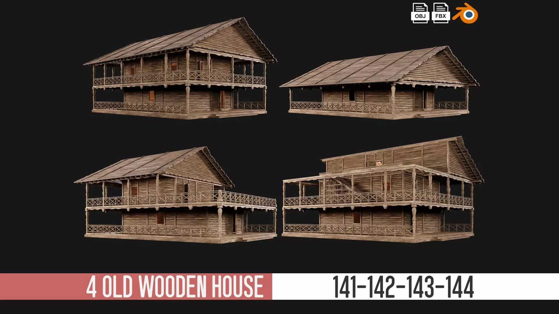 4 Old Wooden House Pack 4K Textures GameReady 141 to 144 Low-poly 3D model
