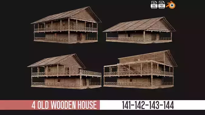 4 Old Wooden House Pack 4K Textures GameReady 141 to 144 Low-poly 3D model