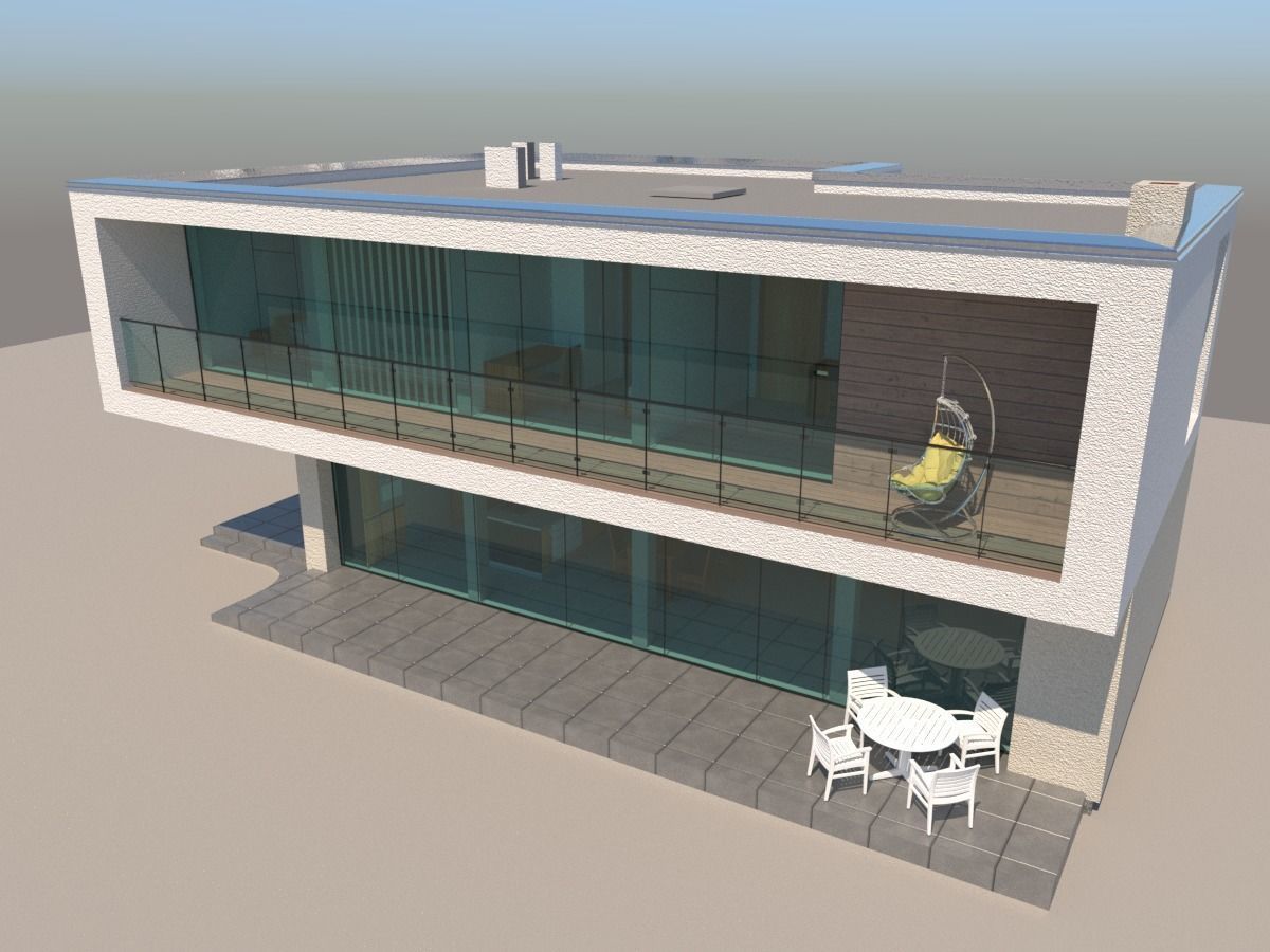 Modern individual residential building with a flat roof 3D model_1