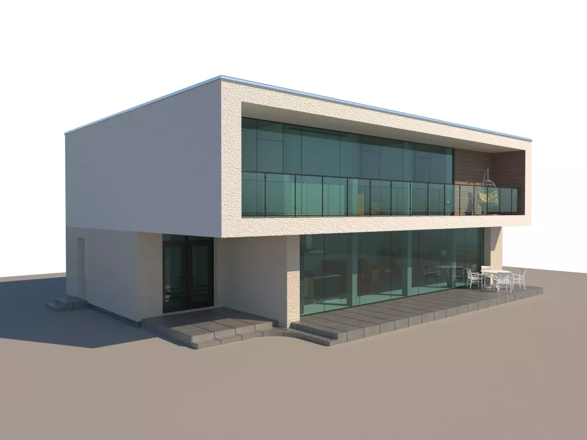 Modern individual residential building with a flat roof 3D model_0
