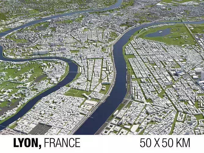 Lyon France 50x50km 3D City Map