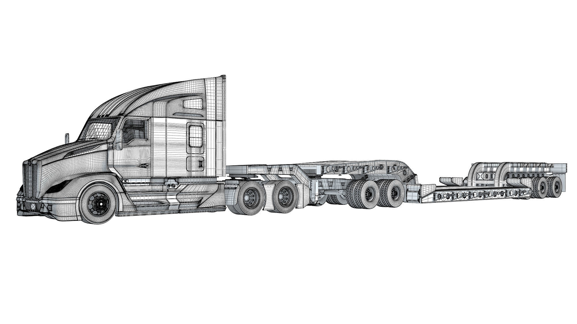 Truck with Lowboy Trailer 3D model_17