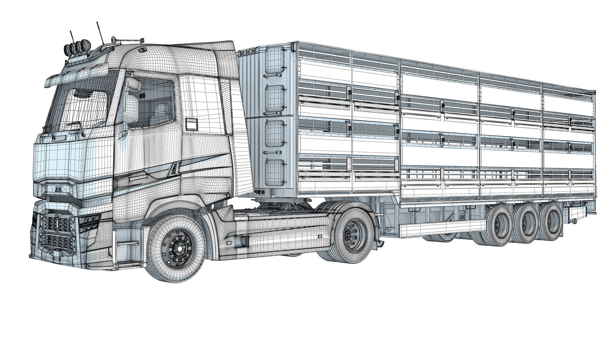 Truck with Animal Transporter Trailer 3D model_16