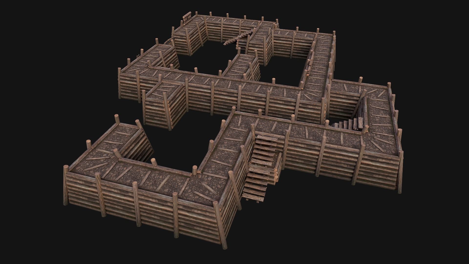 Wooden Castle Fort Walls Modular Low-poly 3D model_10
