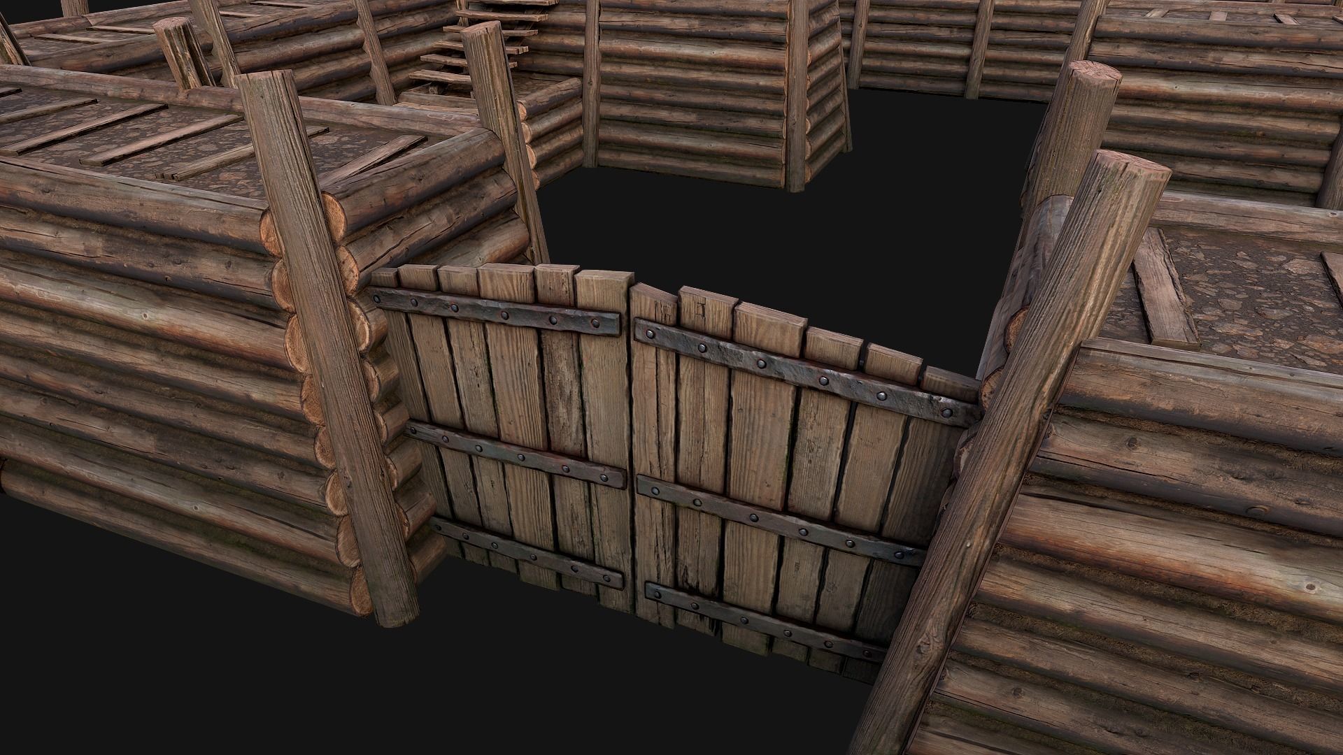 Wooden Castle Fort Walls Modular Low-poly 3D model_6