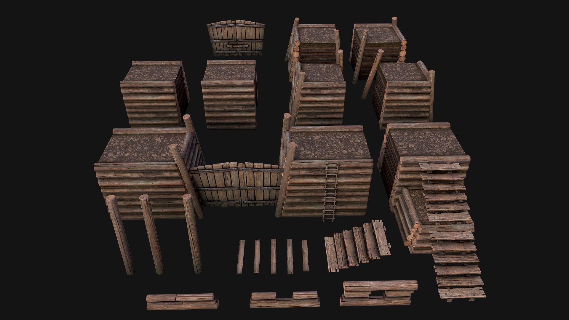 Wooden Castle Fort Walls Modular Low-poly 3D model_2