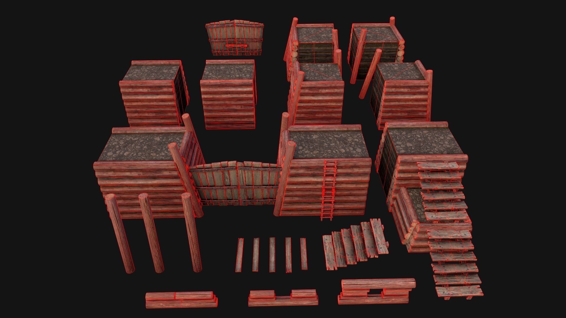 Wooden Castle Fort Walls Modular Low-poly 3D model_3