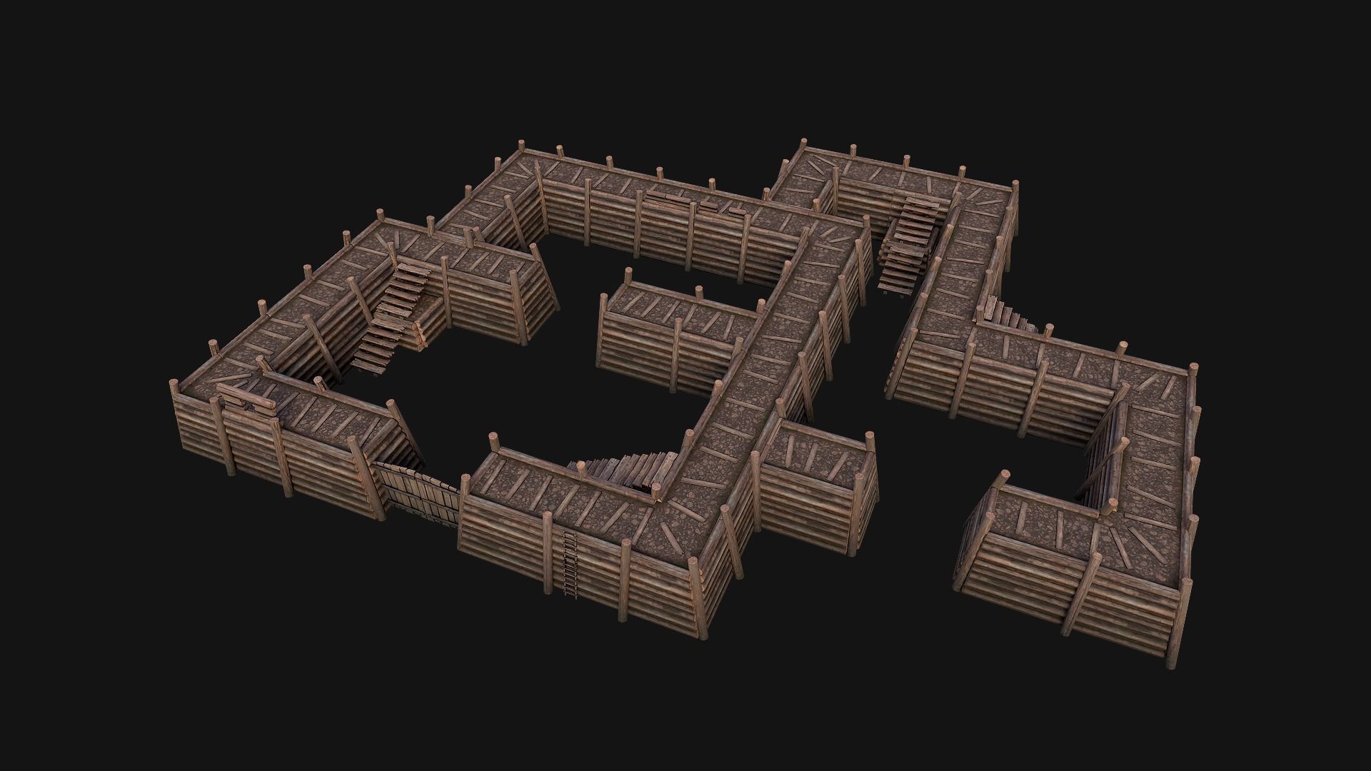 Wooden Castle Fort Walls Modular Low-poly 3D model_9