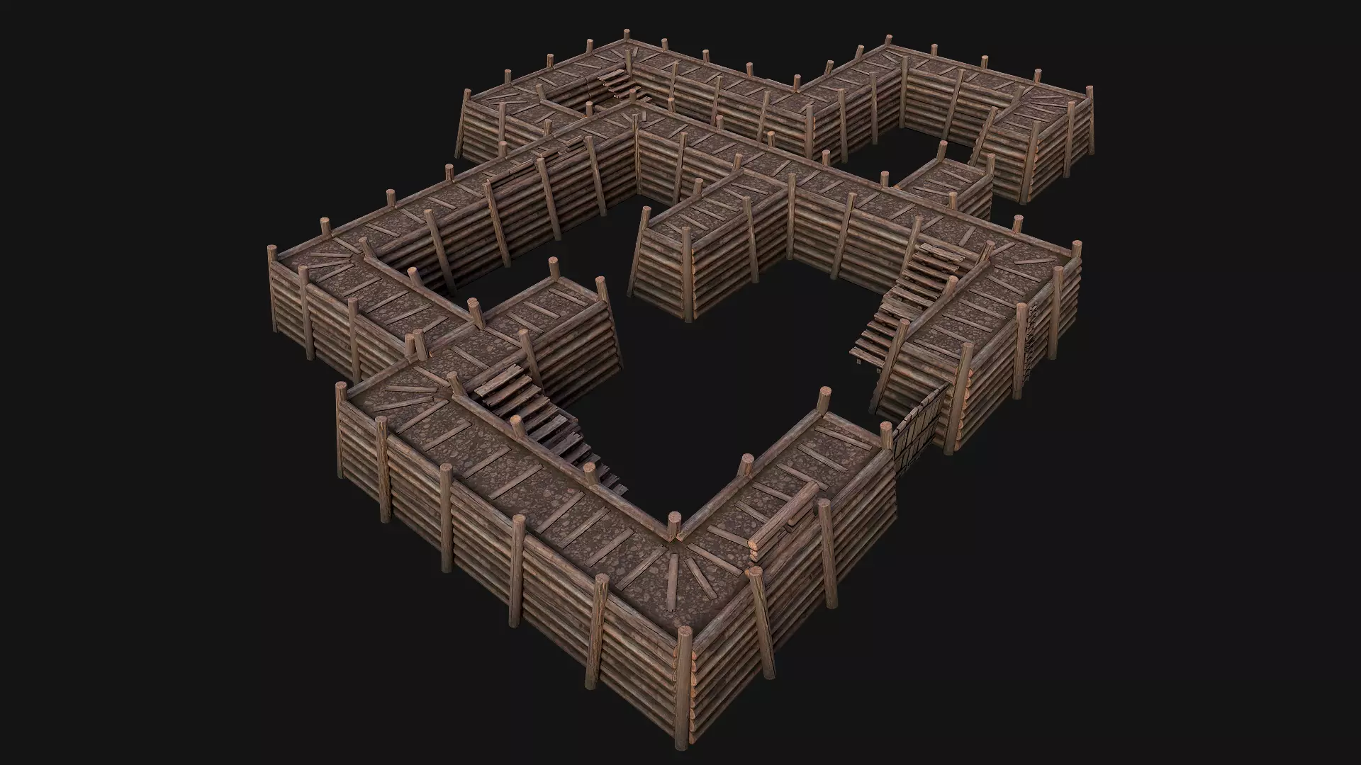 Wooden Castle Fort Walls Modular Low-poly 3D model_0