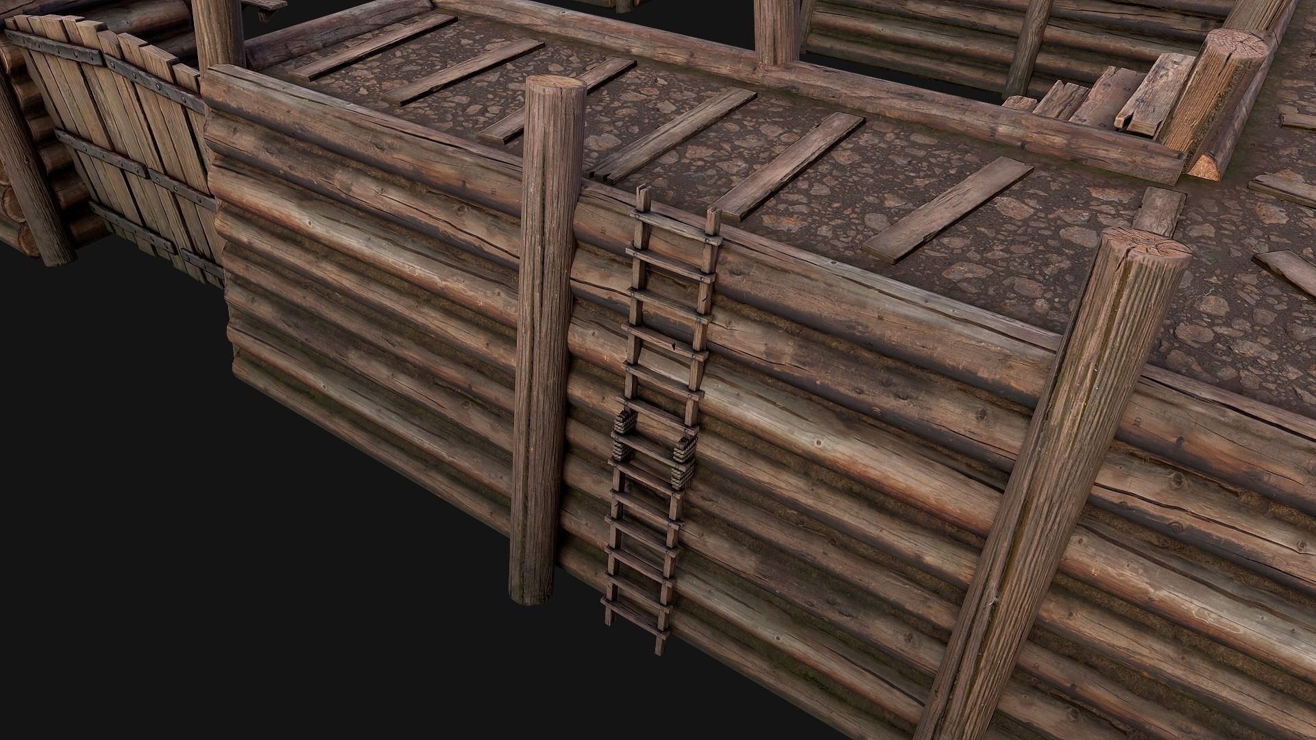 Wooden Castle Fort Walls Modular Low-poly 3D model_5